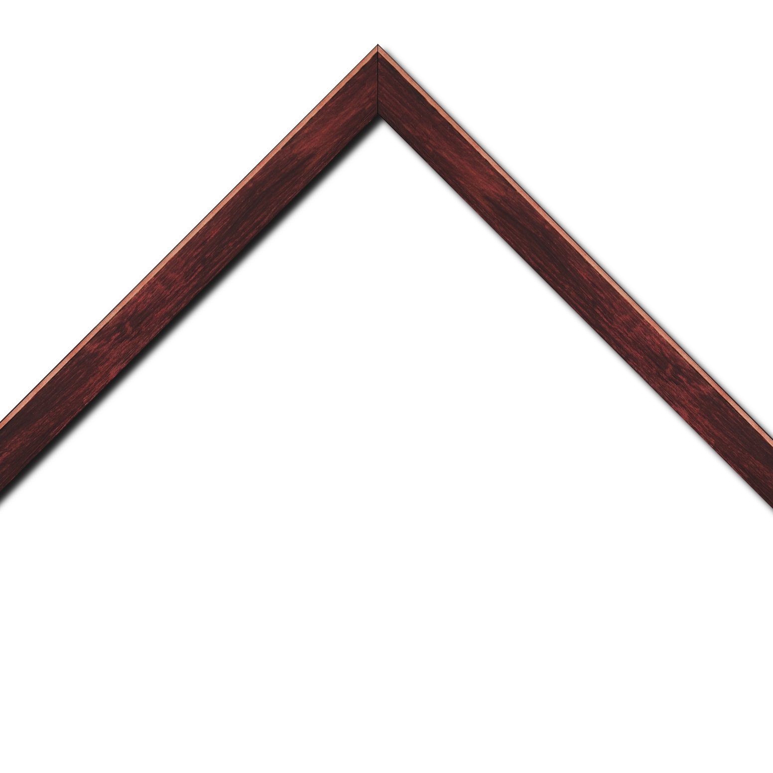 Baguette bois profil arrondi en pente plongeant largeur 2.4cm couleur bordeaux effet ressuyé, angle du cadre extérieur filet naturel
