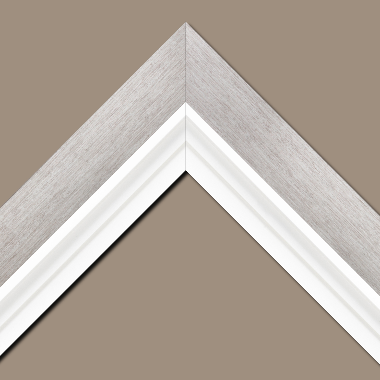 Baguette bois profil plat largeur 6cm couleur argent contemporain satiné haut de gamme + bois caisse américaine profil escalier largeur 4.5cm blanc mat (spécialement conçu pour les châssis d'une épaisseur jusqu’à 2.5cm ) largeur totale du cadre 9.6cm