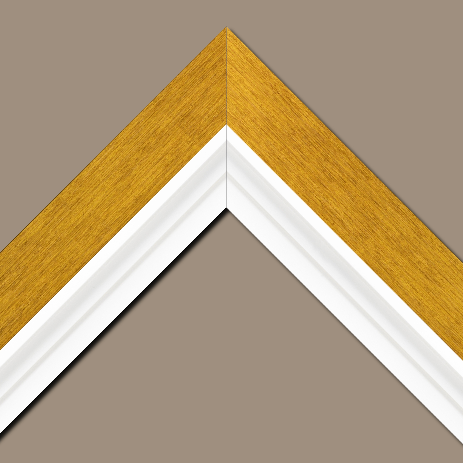 Baguette bois profil plat largeur 6cm couleur or contemporain satiné haut de gamme + bois caisse américaine profil escalier largeur 4.5cm blanc mat (spécialement conçu pour les châssis d'une épaisseur jusqu’à 2.5cm ) largeur totale du cadre 9.6cm