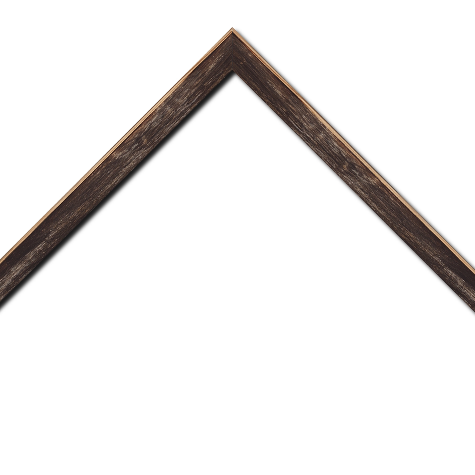 Baguette bois profil arrondi en pente plongeant largeur 2.4cm couleur noir ébène effet ressuyé, angle du cadre extérieur filet naturel