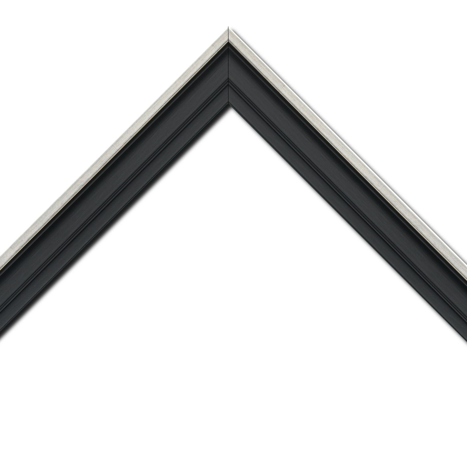 Baguette bois caisse américaine profil escalier largeur 4.4cm noir mat  filet argent (spécialement conçu pour les châssis d'une épaisseur jusqu’à 2.5cm )