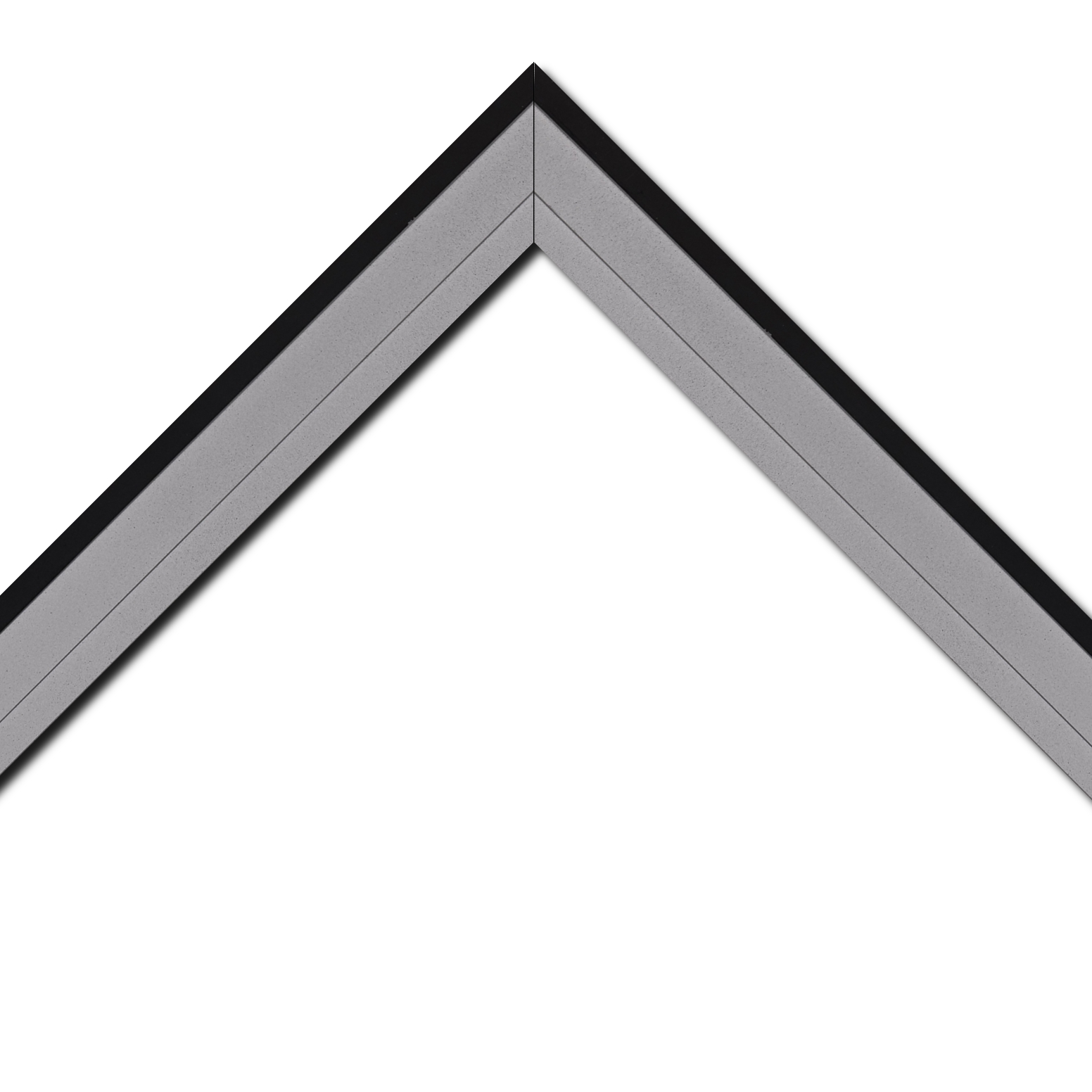 Baguette bois caisse américaine profil escalier largeur 4.4cm argent satiné contemporain ,filet noir y compris le coté extérieur (spécialement conçu pour les châssis d'une épaisseur jusqu’à 2.5cm )