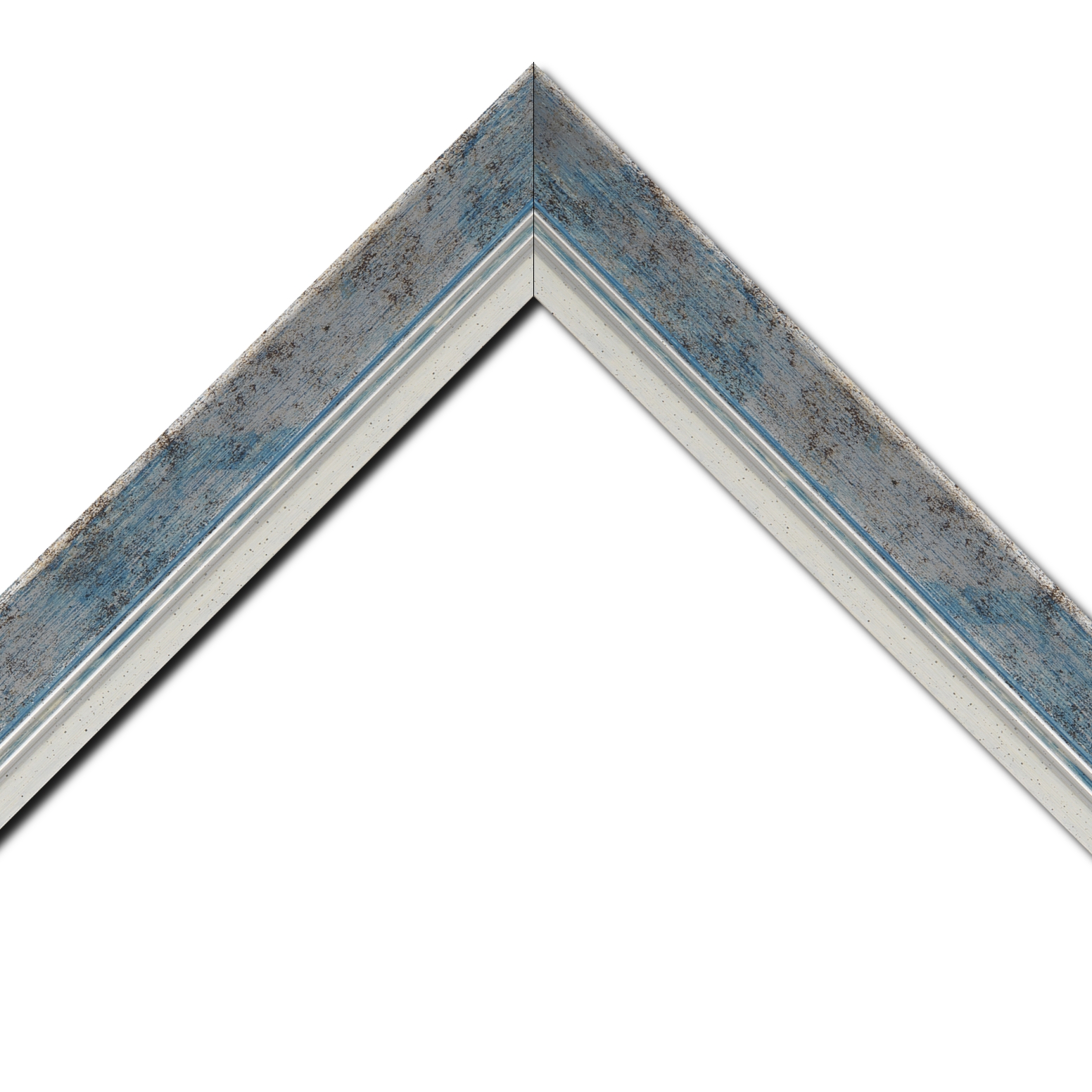 Baguette bois profil incurvé largeur 5.7cm de couleur bleu fond argent marie louise blanche mouchetée filet argent intégré