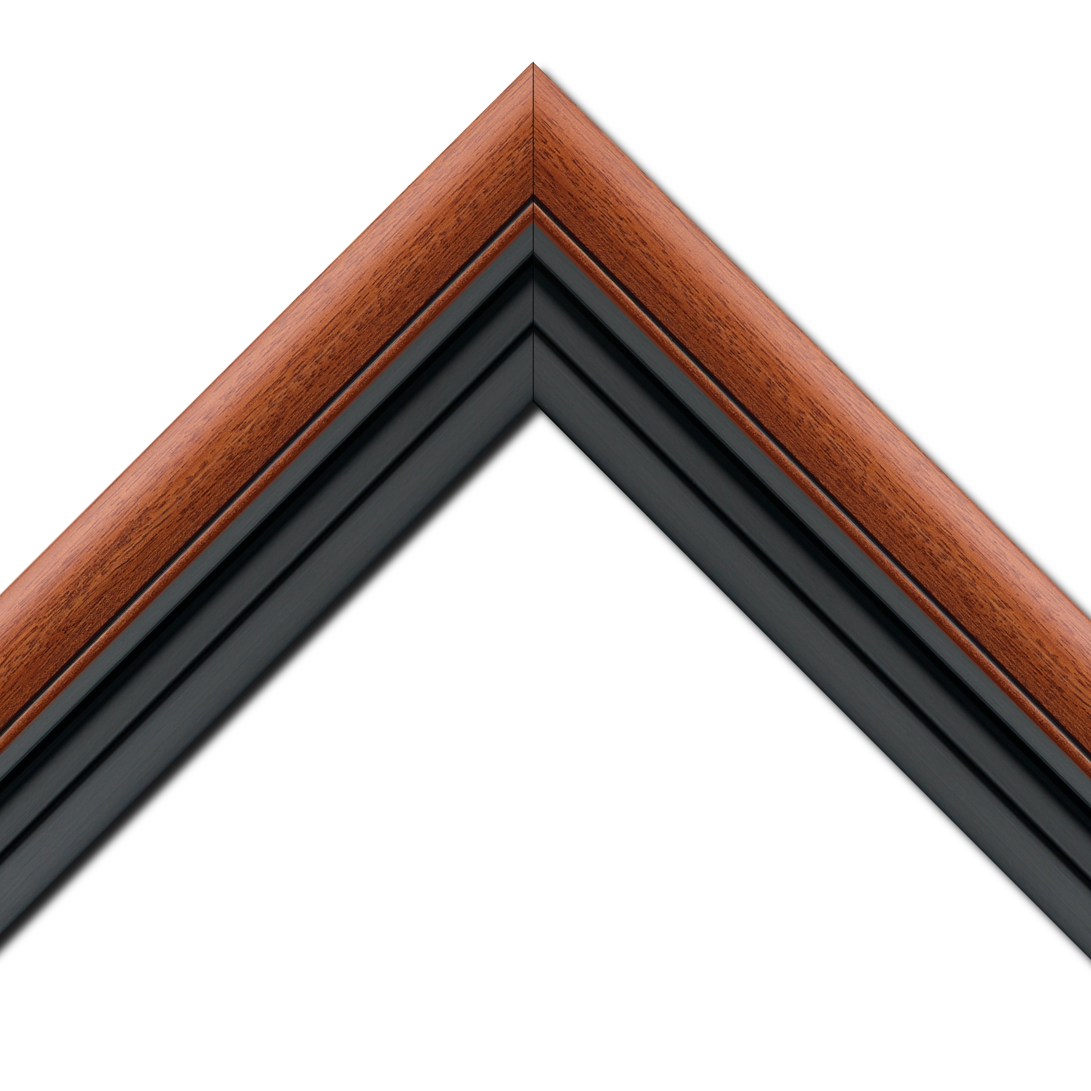 Baguette bois profil arrondi largeur 4.7cm couleur marron ton bois satiné rehaussé d'un filet noir + bois caisse américaine profil escalier largeur 4.4cm noir mat   (spécialement conçu pour les châssis d'une épaisseur jusqu’à 2.5cm ) largeur total du cadre : 8.3cm