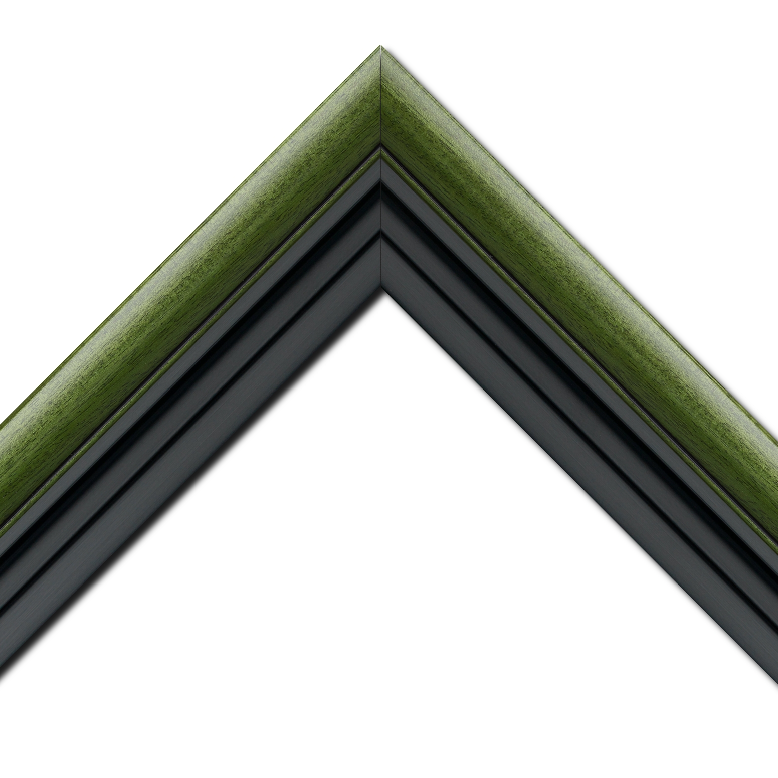 Baguette bois profil arrondi largeur 4.7cm couleur vert sapin satiné rehaussé d'un filet noir + bois caisse américaine profil escalier largeur 4.4cm noir mat   (spécialement conçu pour les châssis d'une épaisseur jusqu’à 2.5cm ) largeur total du cadre : 8.3cm