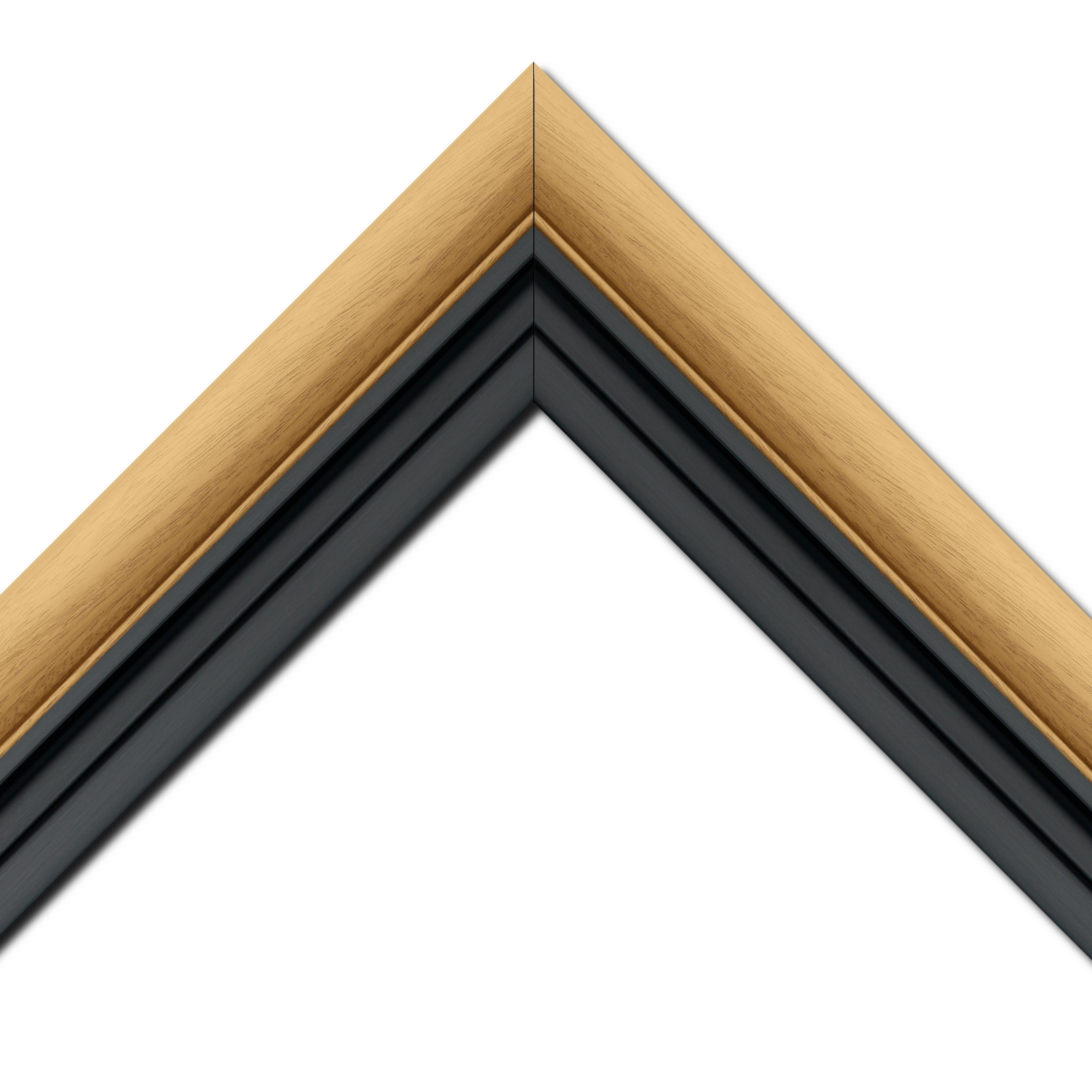 Baguette bois profil arrondi largeur 4.7cm couleur naturel satiné + bois caisse américaine profil escalier largeur 4.4cm noir mat   (spécialement conçu pour les châssis d'une épaisseur jusqu’à 2.5cm ) largeur total du cadre : 8.3cm