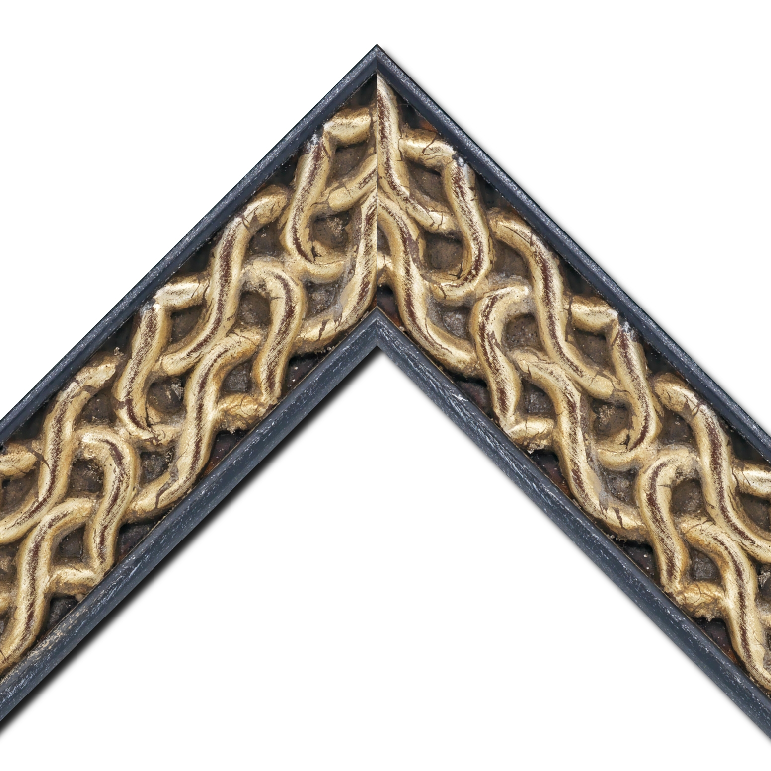 Baguette bois profil plat largeur 10.4cm argent antique décor entrelacé en rélief  et bord noir vieilli