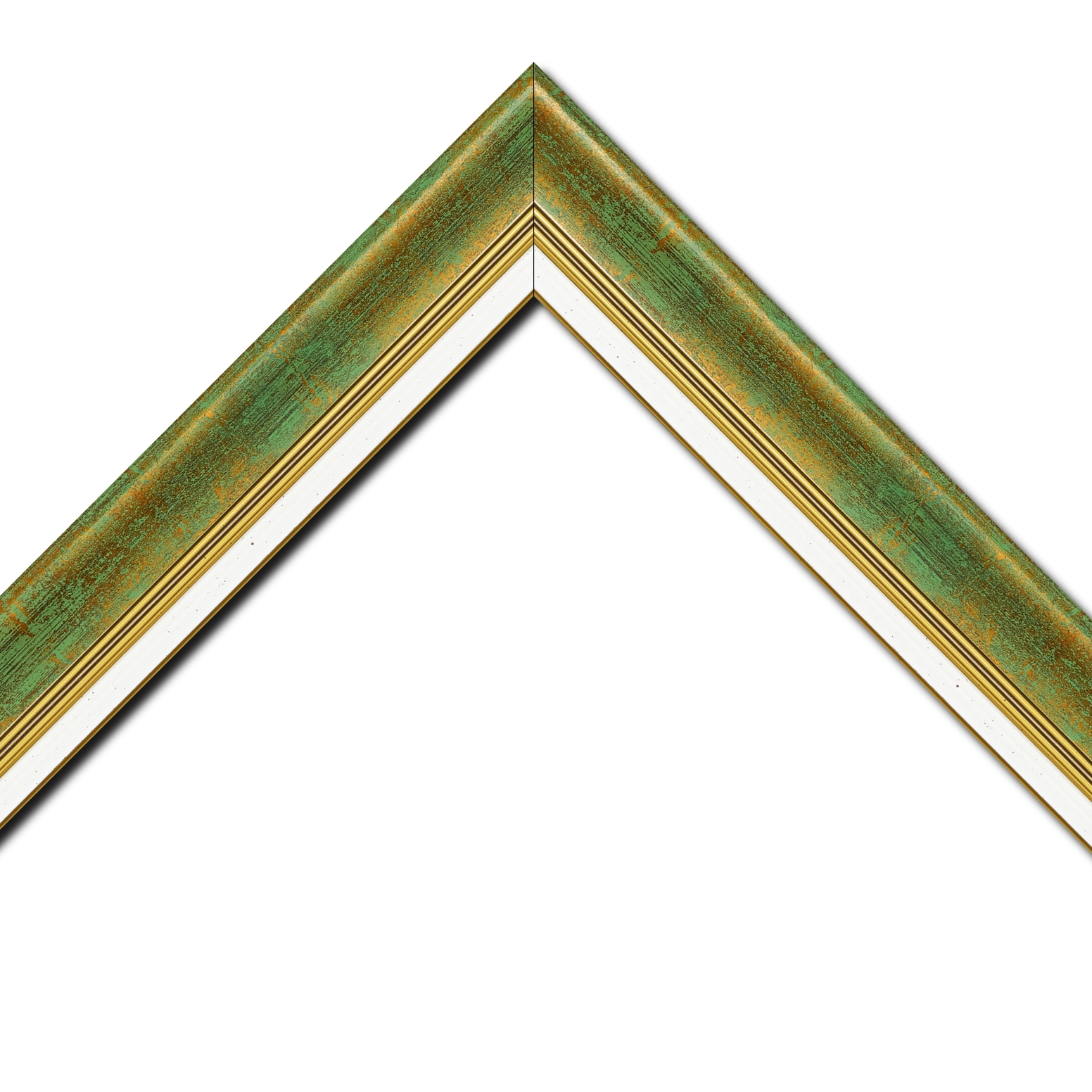 Baguette bois profil incurvé largeur 5.7cm de couleur vert fond or marie louise blanche mouchetée filet or intégré