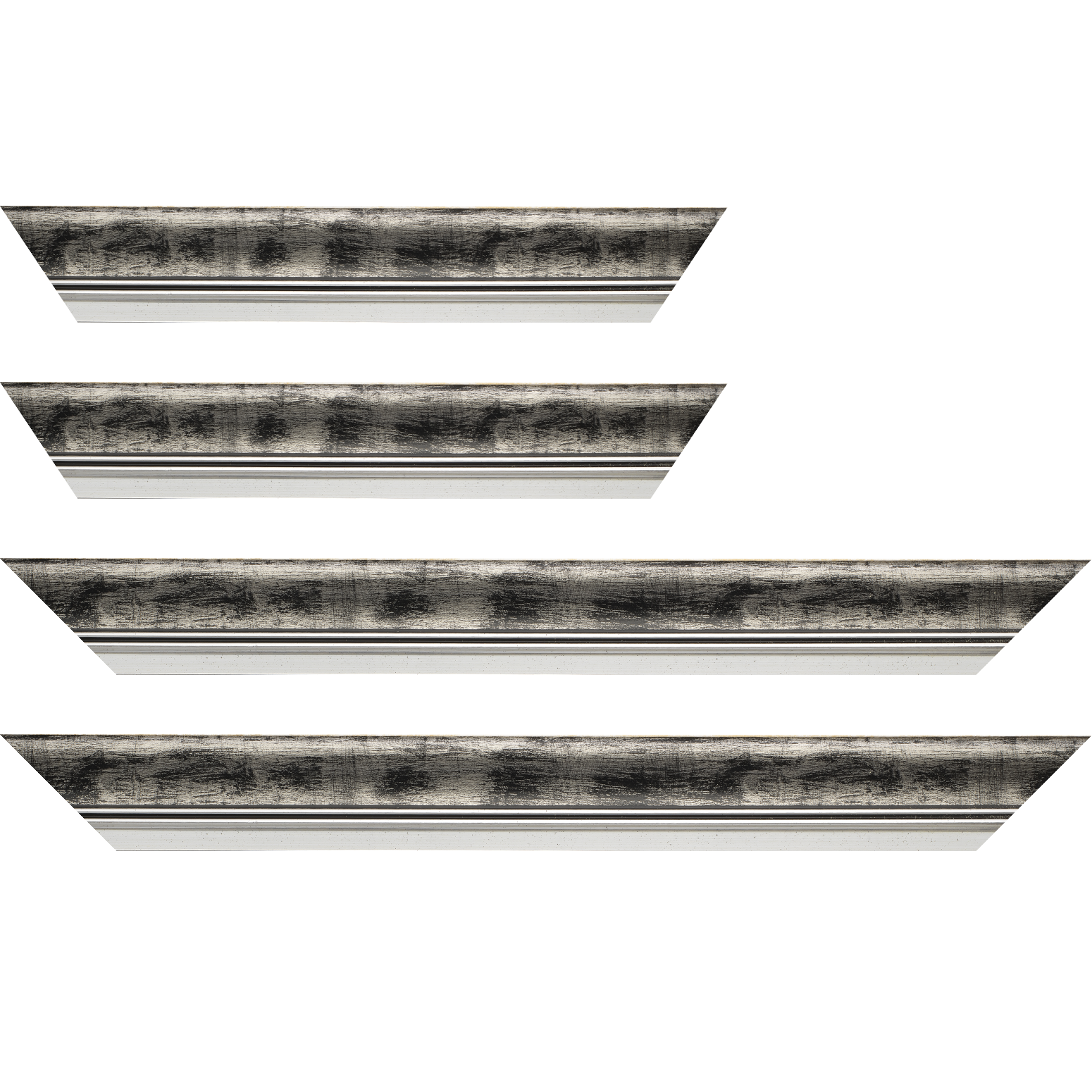 Baguette bois profil incurvé largeur 5.7cm de couleur noir fond argent marie louise blanche mouchetée filet argent intégré
