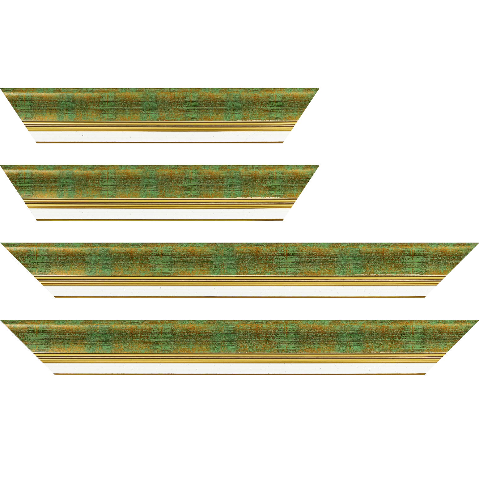 Baguette bois profil incurvé largeur 5.7cm de couleur vert fond or marie louise blanche mouchetée filet or intégré