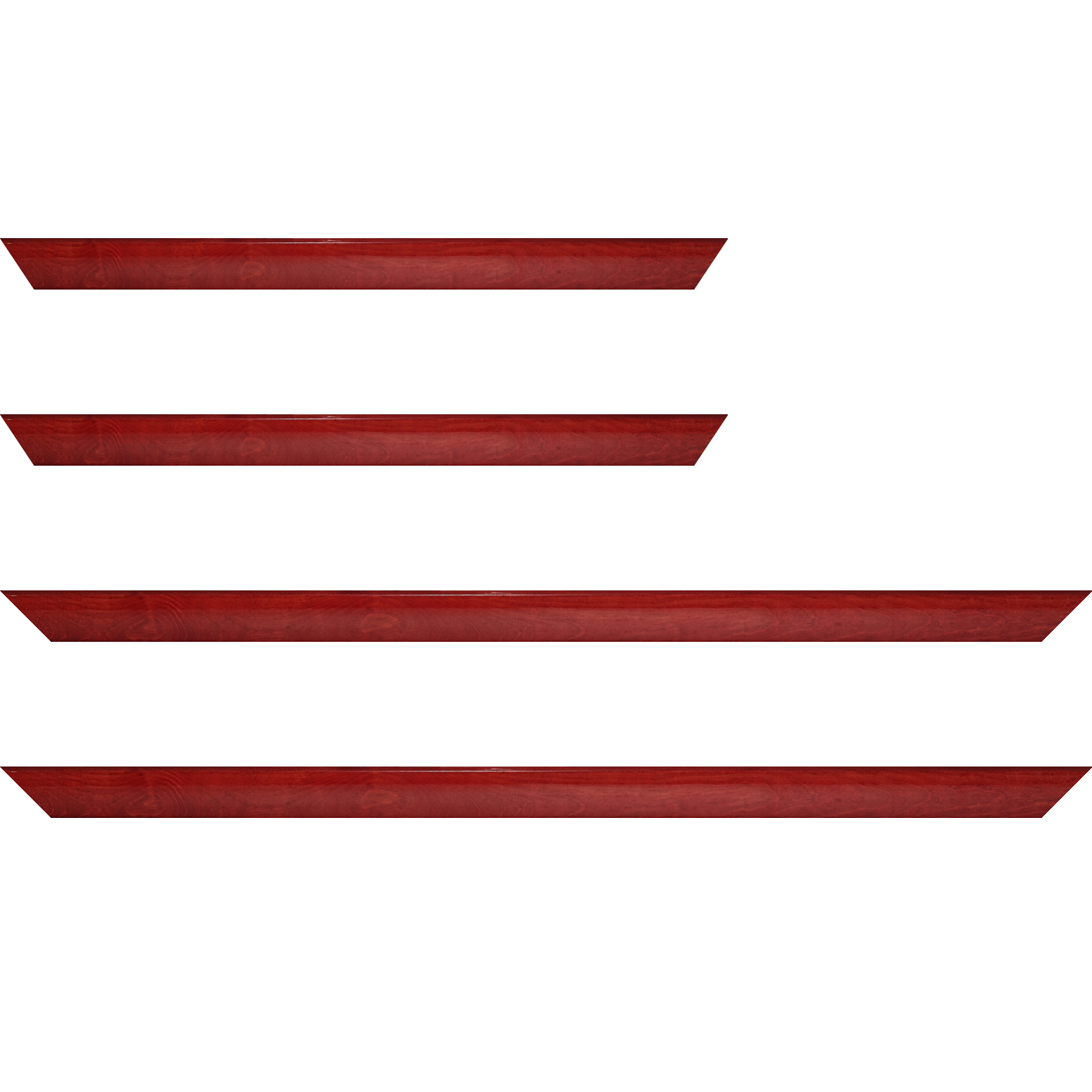 Baguette bois profil arrondi en pente plongeant largeur 2.4cm couleur rouge cerise finition vernis brillant,veine du bois  apparent (pin) ,